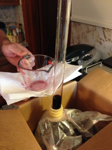 Pulling grape juice from kit to hydrate the yeast.