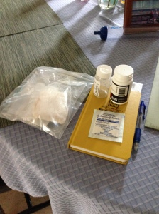 Primary Fermentation supplies and notebook.  The cheesecloth bag will be used to hold the crushed grapes.